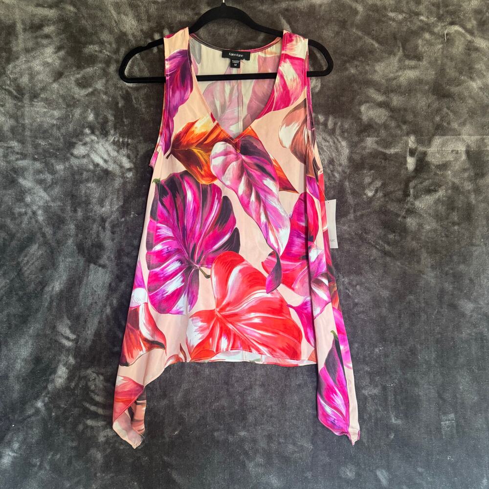 NWT Karen Kane "Pretty in Pink" Floral Uneven Hem Tunic Tank Top Size Medium